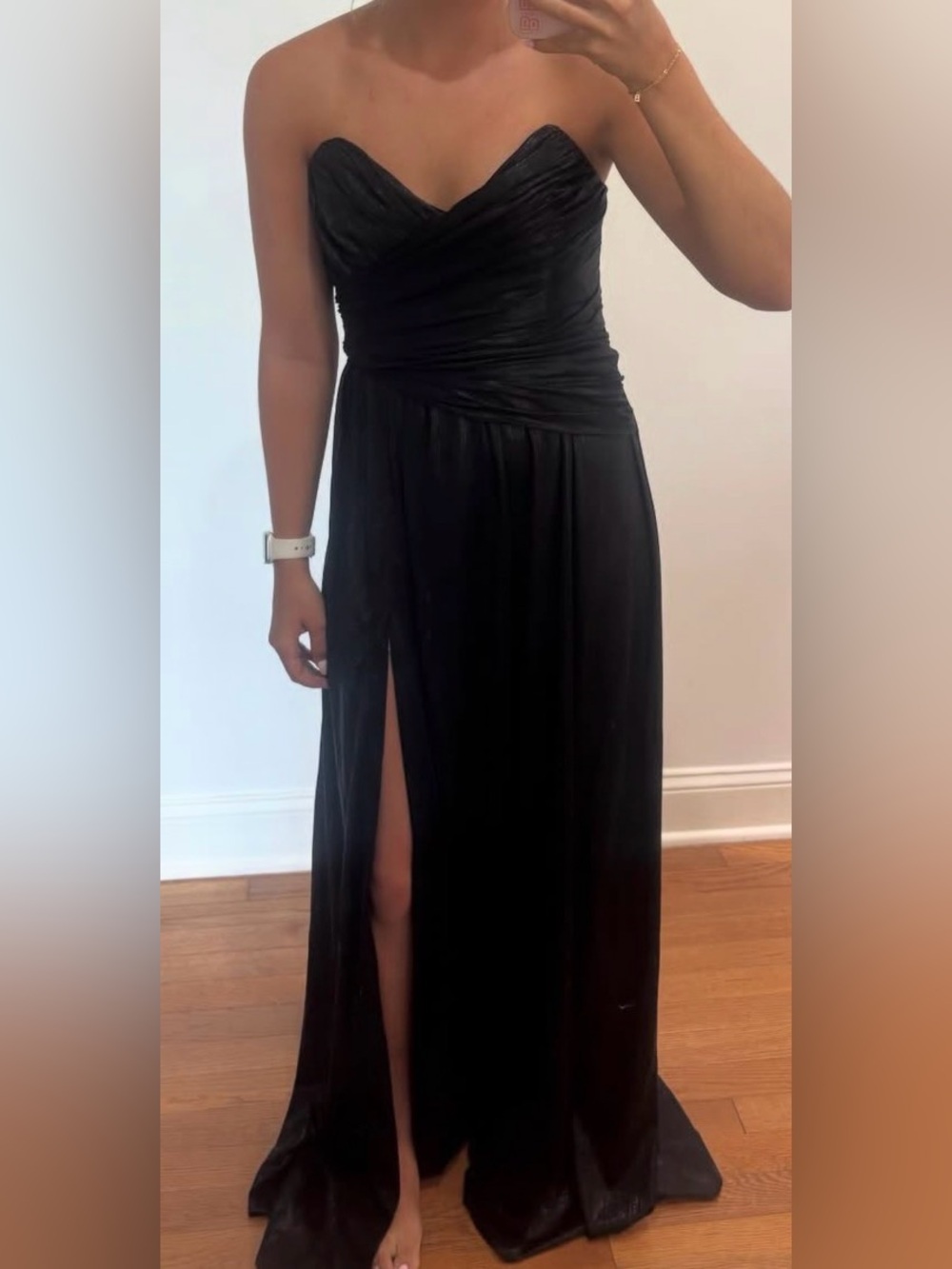 Elegant Black Strapless shimmer Maxi Gown with Draped Bodice